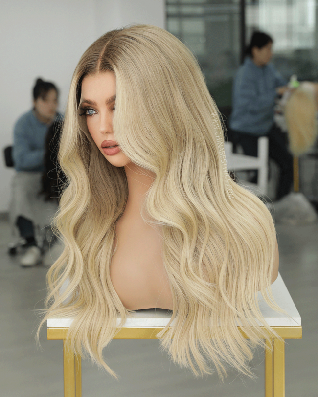 N315 Blonde Balayage Luxury Human Hair Gluless Wigs Ready to Wear